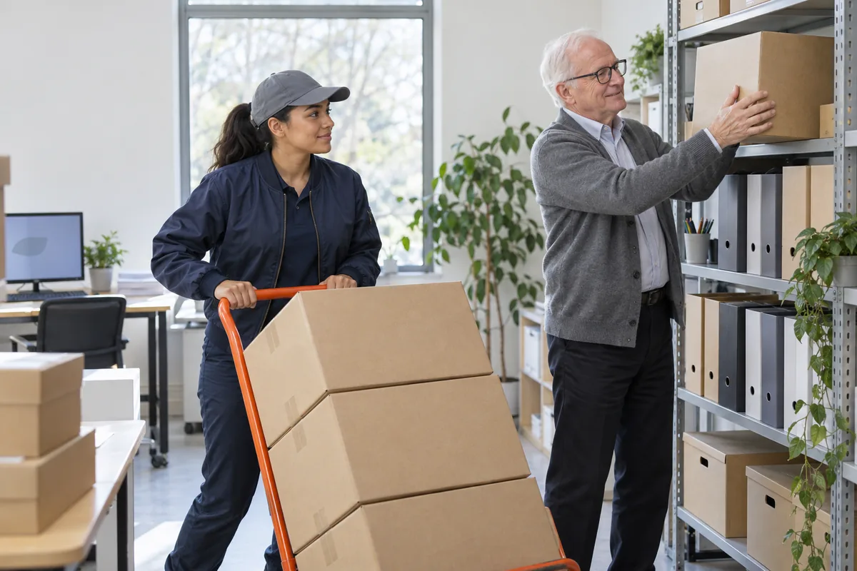A delivery worker wheeling plain boxes on an orange hand truck into an office stockroom while an older man lifts a box onto a shelf