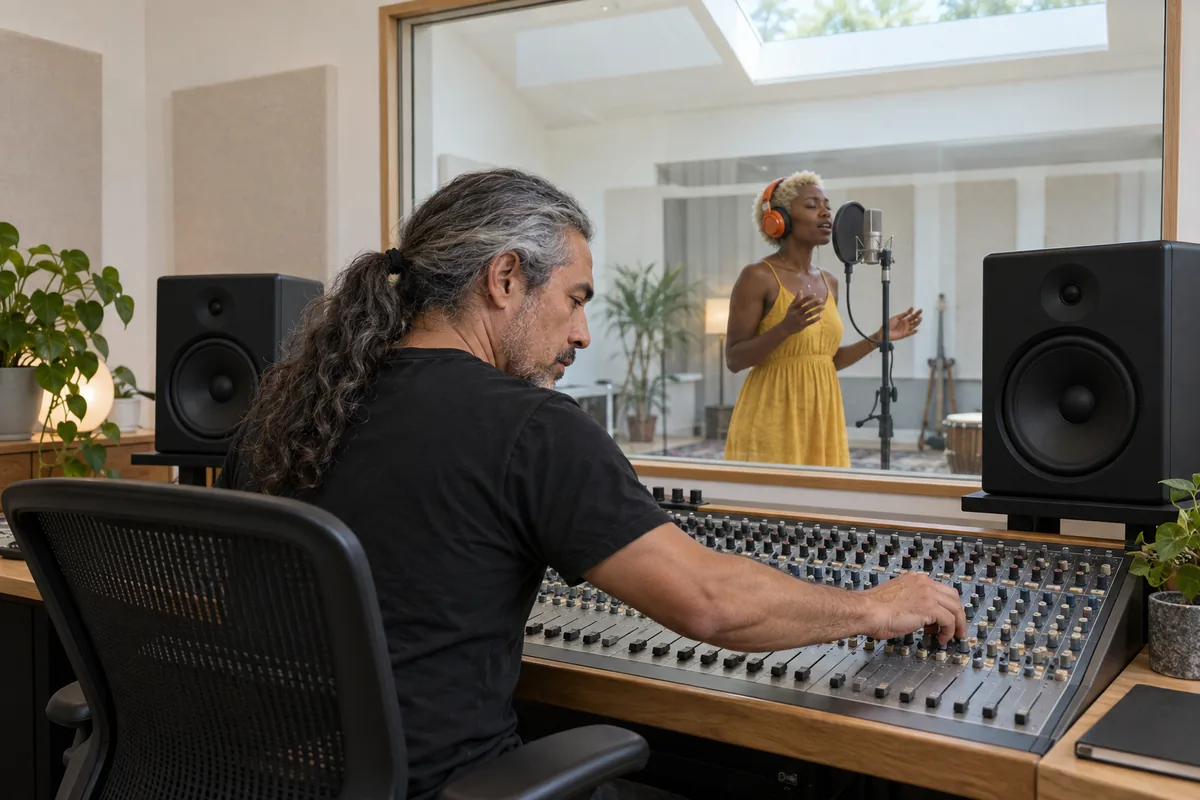 A sound engineer moving faders on a mixing console while a singer in orange headphones sings into a microphone behind the studio glass