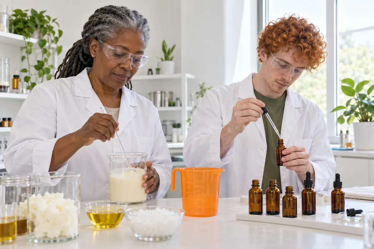 A formulator in a lab coat stirring pale cream in a glass beaker while a young man fills plain dropper bottles with a pipette
