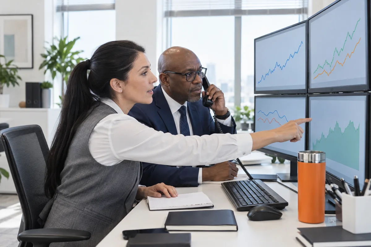 Two analysts at a desk with four monitors of simple line shapes, a woman pointing at a screen and a man in a navy suit on the phone