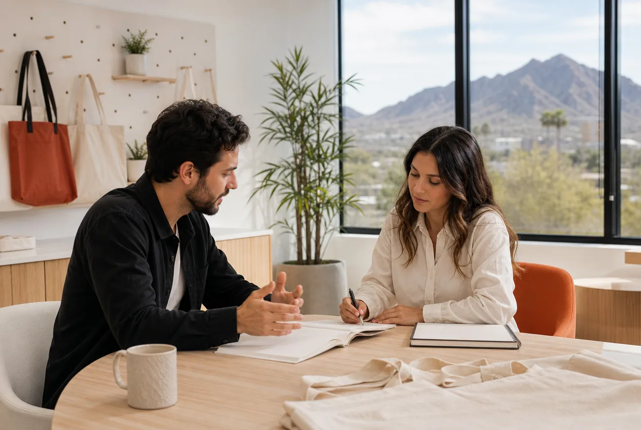 A FactoryJet strategist and a Phoenix business owner working through a local search plan across a table, with a desert mountain visible outside