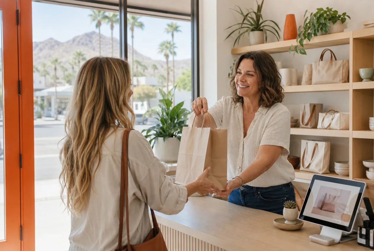 A Phoenix shop owner handing a purchase to a customer, with palm trees and desert mountains visible through the storefront window