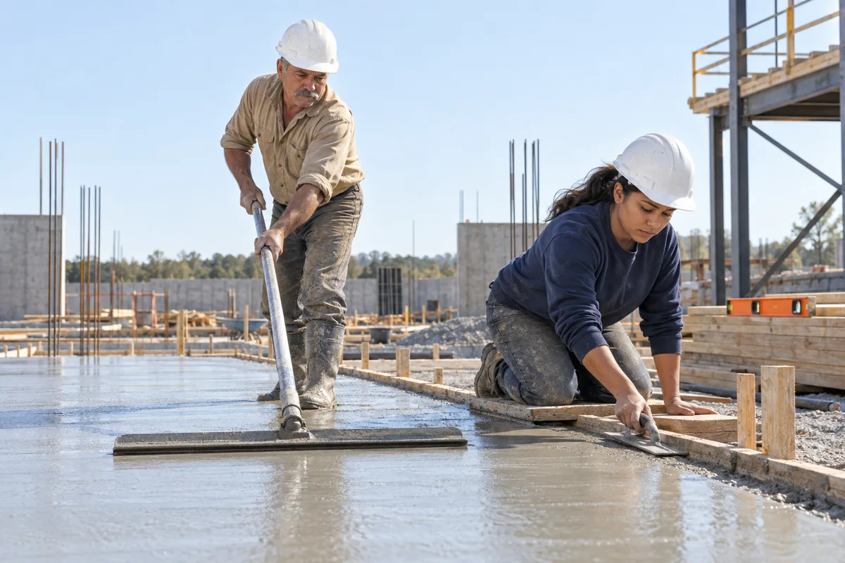 Two construction workers in white hard hats smoothing a freshly poured concrete slab with a long float and a hand trowel on a building site