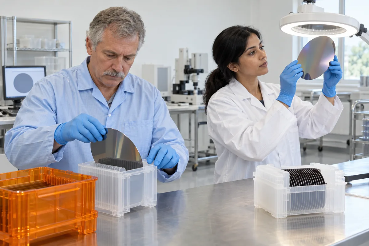 A woman in a white lab coat and gloves holding a shiny silicon wafer under a ring lamp while a man slides another wafer into a clear carrier