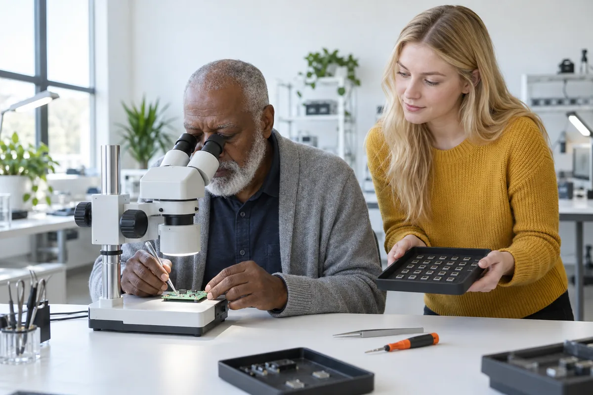 A man looking through a stereo microscope at a small circuit board while a woman beside him holds a tray of tiny chips in an electronics lab