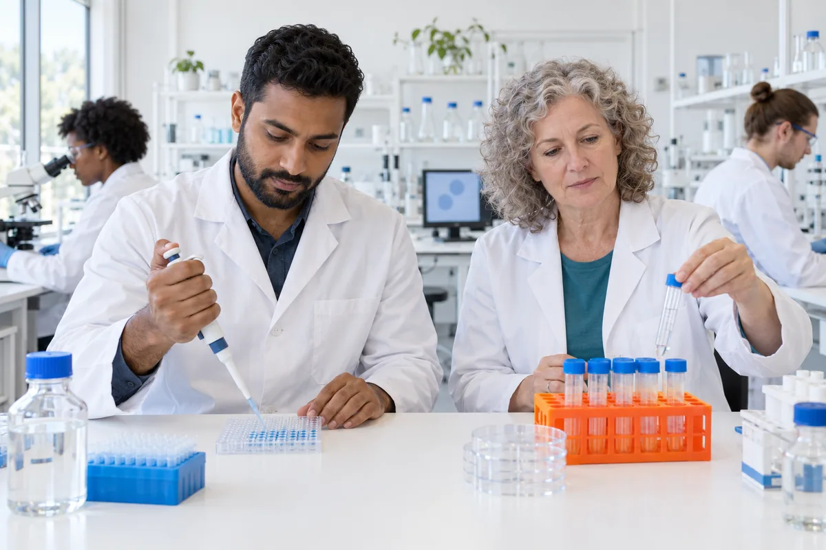 A scientist in a white lab coat filling a clear multi-well plate with a pipette beside a colleague lifting a tube from a rack in a laboratory