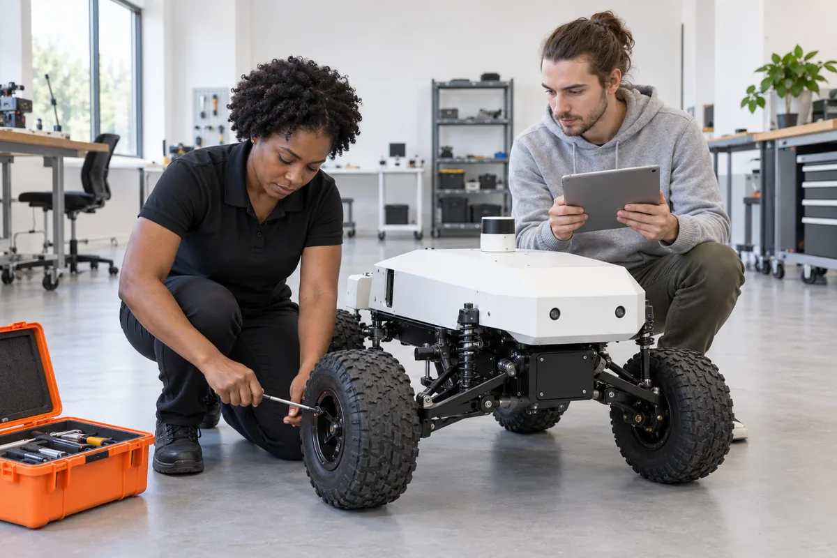 A woman kneeling to tighten a wheel on a small four-wheeled white robot while a man crouches behind it holding a tablet in a bright workshop