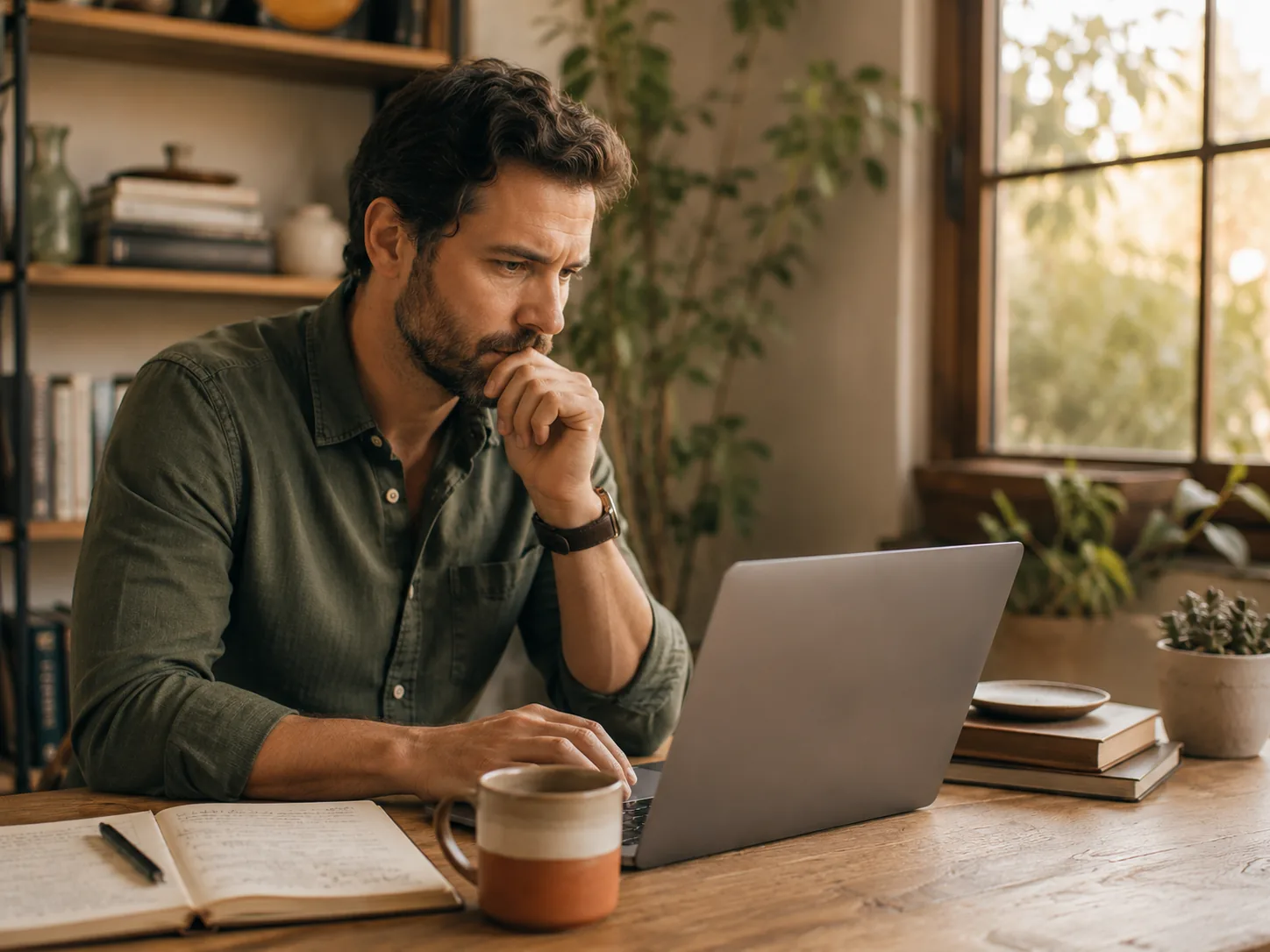 A business owner comparing website options and taking notes at a laptop