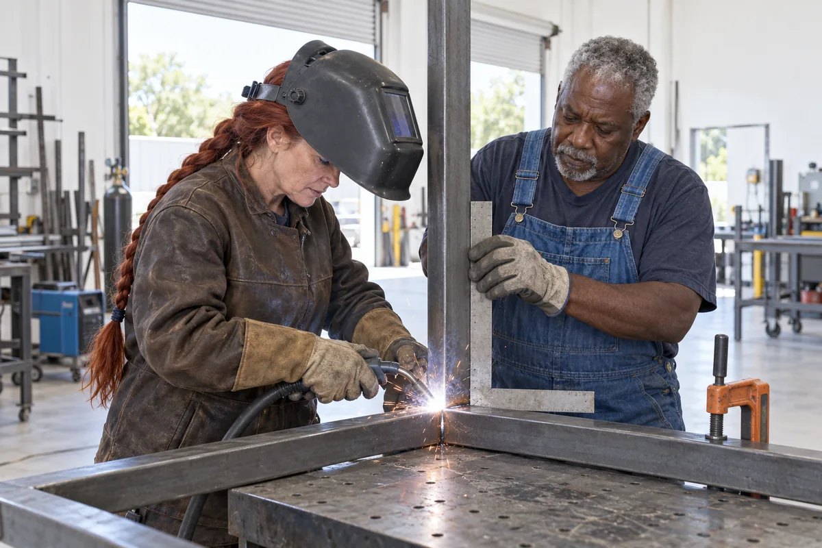 A welder in a helmet and leather jacket welding the corner of a steel frame while a man in blue overalls holds a steel square against it