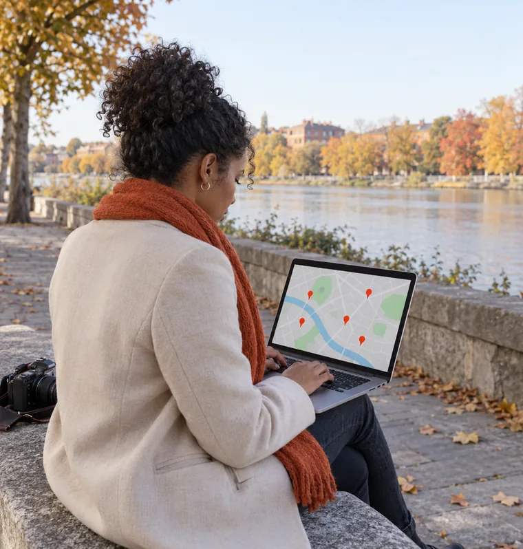 A woman on a riverside bench with a laptop on her knees showing a simple map with pins, autumn trees behind her