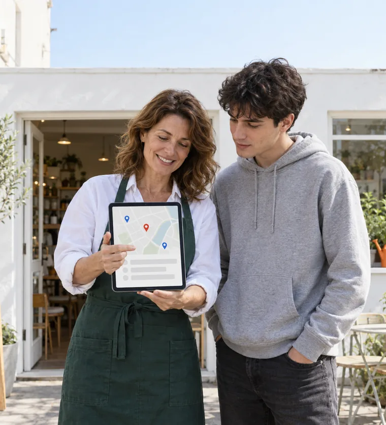 A woman in a green apron at a cafe door holding a tablet that shows a pale map with pins while a man in a hoodie looks on