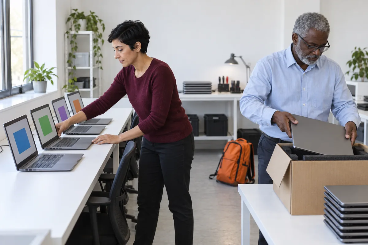 A woman setting up a row of plain grey laptops on a bench while a man packs a closed laptop into a cardboard box in a bright workroom