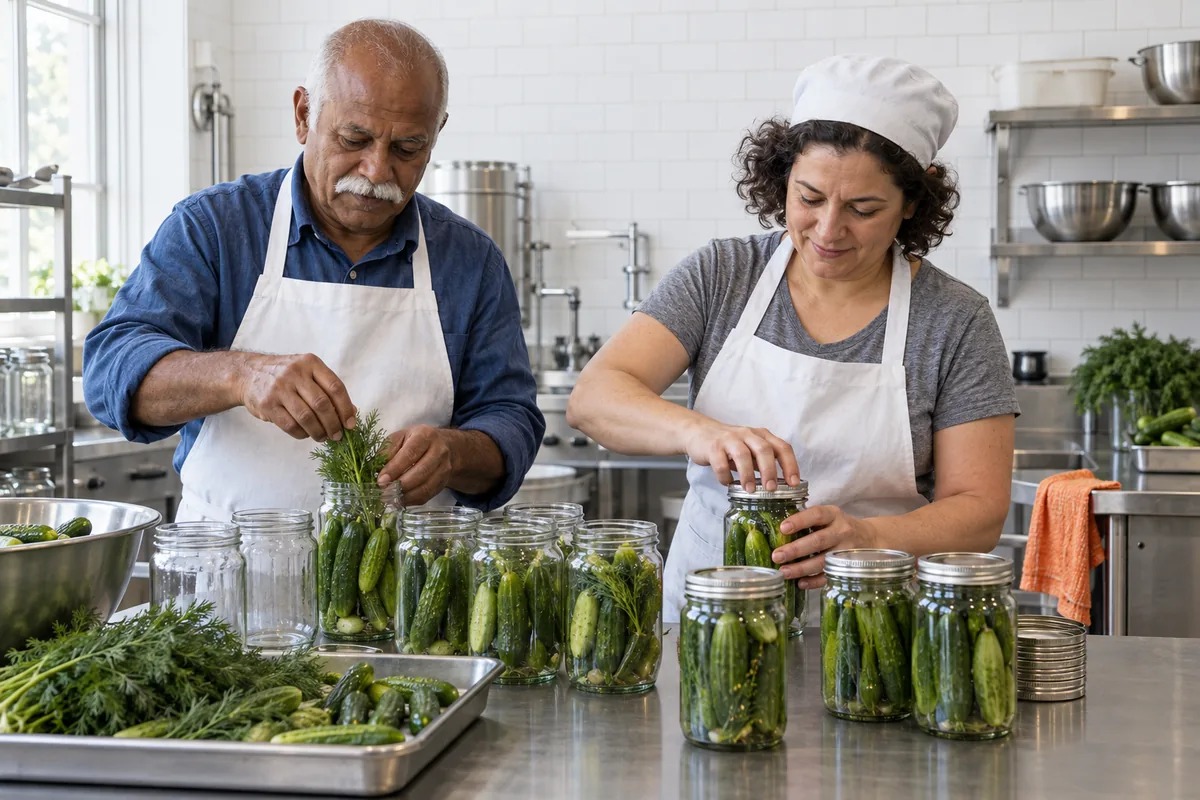 A man in a white apron packing cucumbers and dill into plain glass jars while a woman screws on the lids in a bright food kitchen
