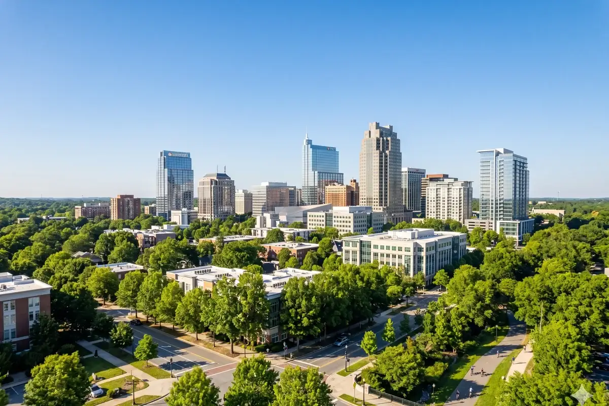 Aerial view of a mid-size city skyline surrounded by trees