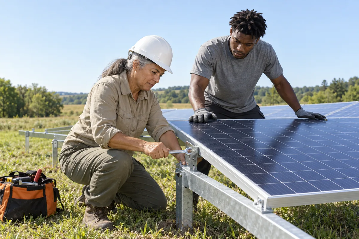 Two installers fitting a solar panel onto a low metal frame in a field, one tightening a bracket and the other steadying the panel