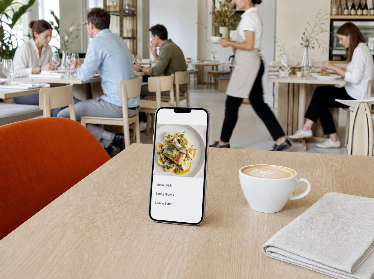 Phone standing on a restaurant table showing a menu page with a dish photograph and dish names as plain text