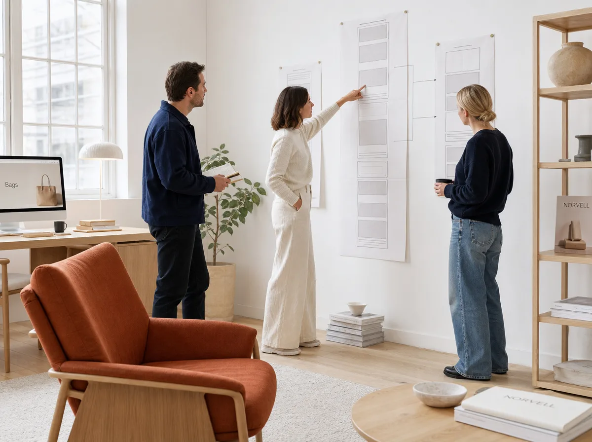 Three colleagues reviewing printed page-structure sheets pinned to a studio wall in daylight