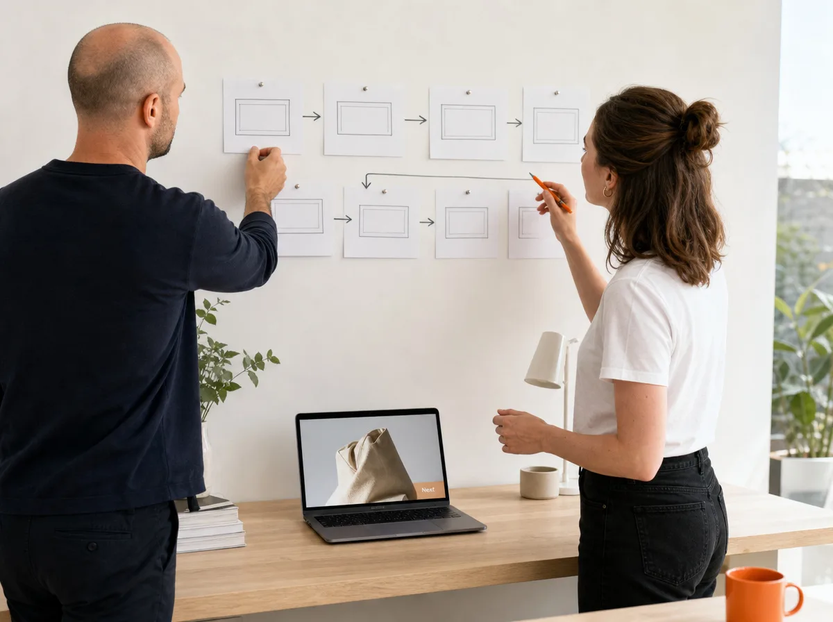 Two colleagues mapping a software sign-up journey with paper cards and arrows pinned to a studio wall