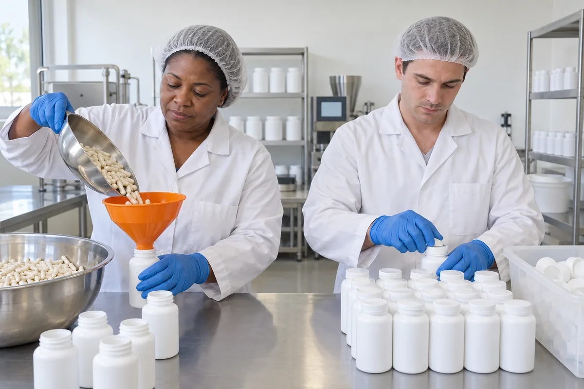 A woman in a white coat and hairnet pouring capsules through a funnel into a plain white bottle while a man presses lids onto filled bottles