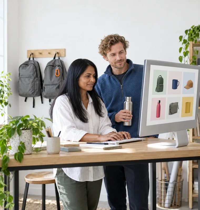 A man holding a steel water bottle beside a monitor showing a grid of coloured tiles while a woman types at a tall table