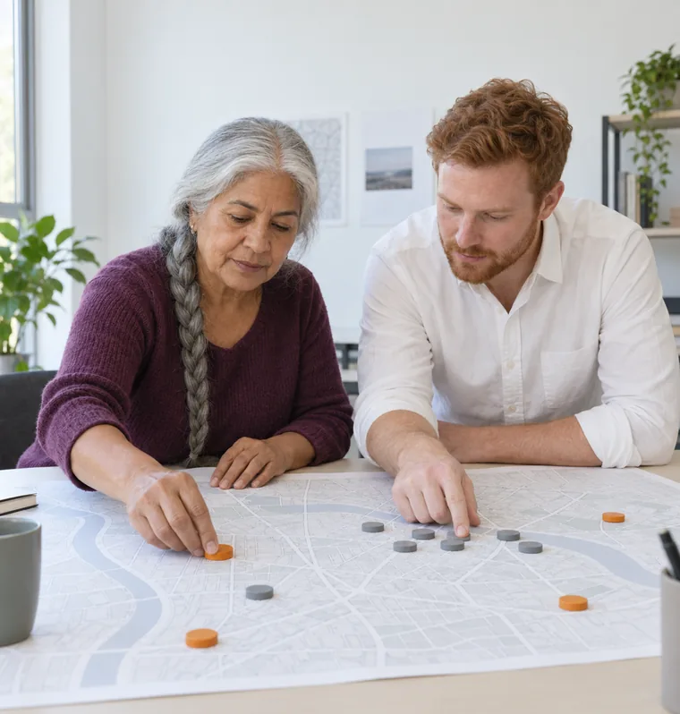 A woman placing a round orange marker on a large paper street map while a man points at a cluster of grey markers on the table