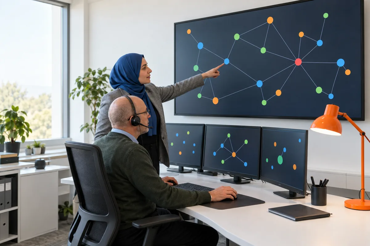 A man with a headset at a curved desk and a woman in a blue headscarf pointing at a wall screen of coloured dots and lines