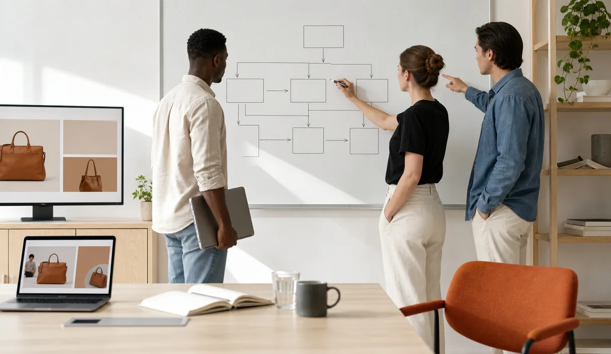Three FactoryJet colleagues planning a website structure on a whiteboard