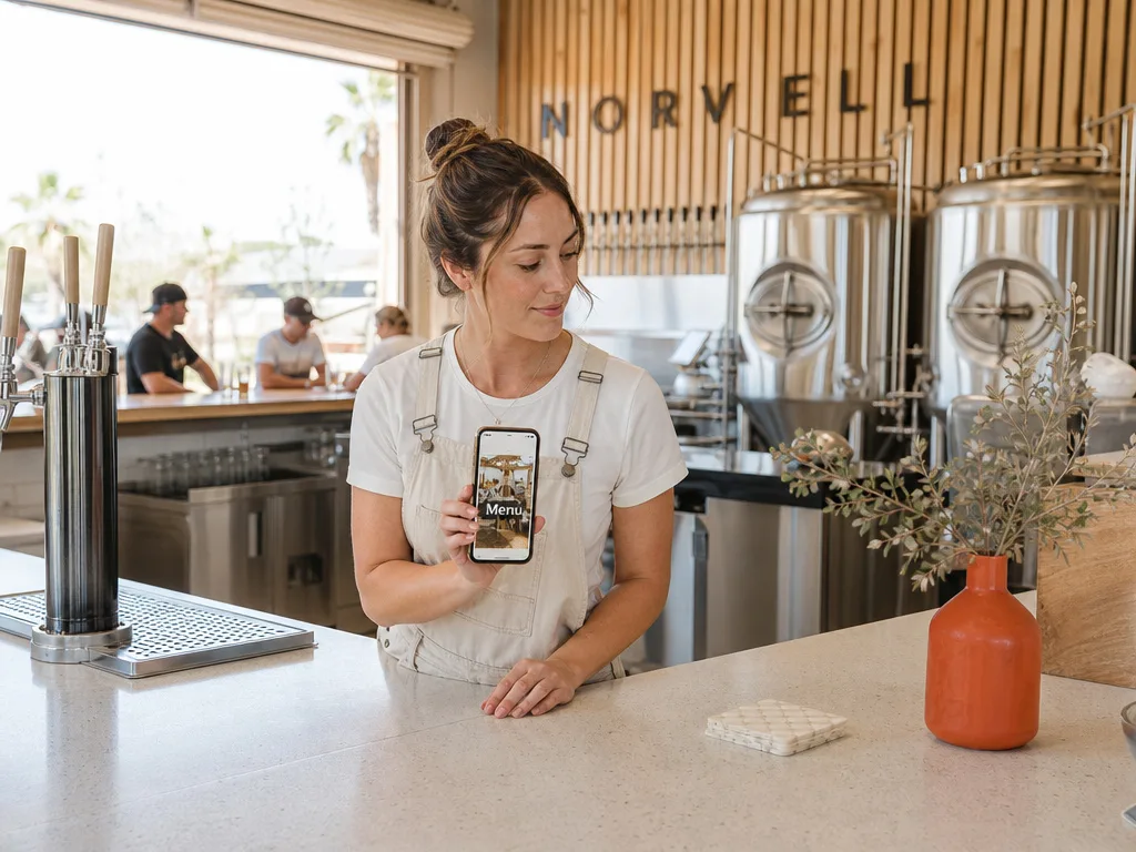 A San Diego taproom manager checking her business listing on a phone behind the bar