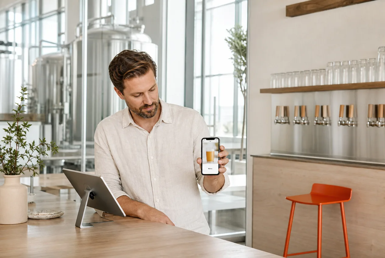 A taproom owner holding a phone showing a simple mobile web page with a large photo and a short menu label