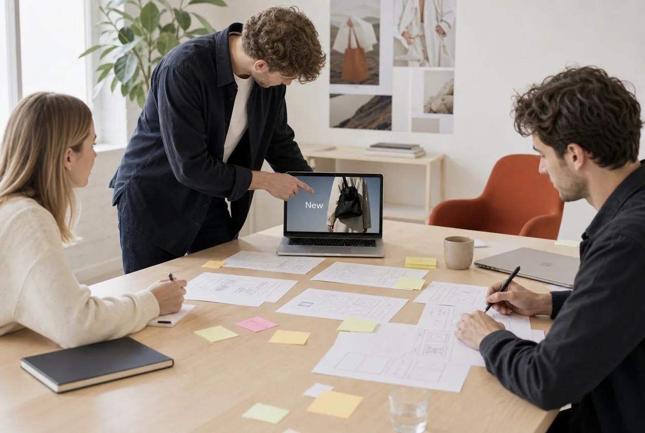 A three person design team reviewing printed wireframe sketches around a table, with a laptop showing a simple image-led page layout