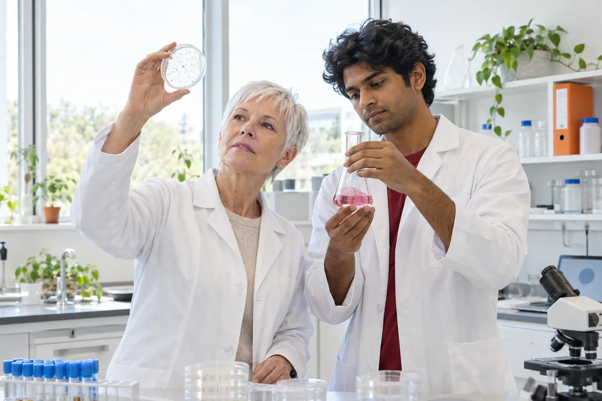 A researcher in a white lab coat holding a petri dish up to the light while a younger colleague swirls pink liquid in a flask