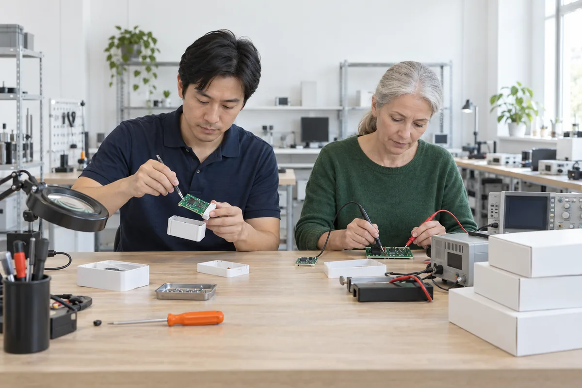 A man fitting a circuit board into a white casing with tweezers while a woman tests a second board with a probe at a workbench