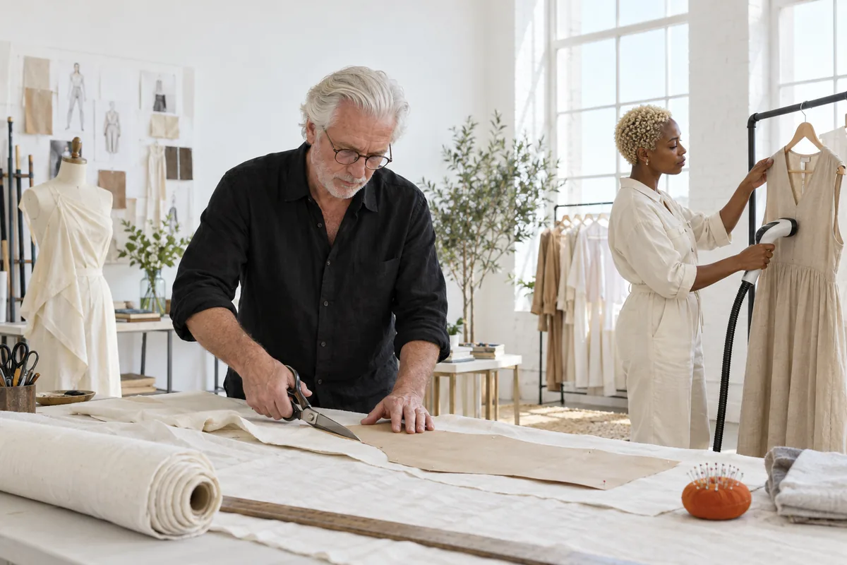 A designer cutting cotton cloth around a paper pattern with shears while a woman steams a plain dress on a rail in a bright studio