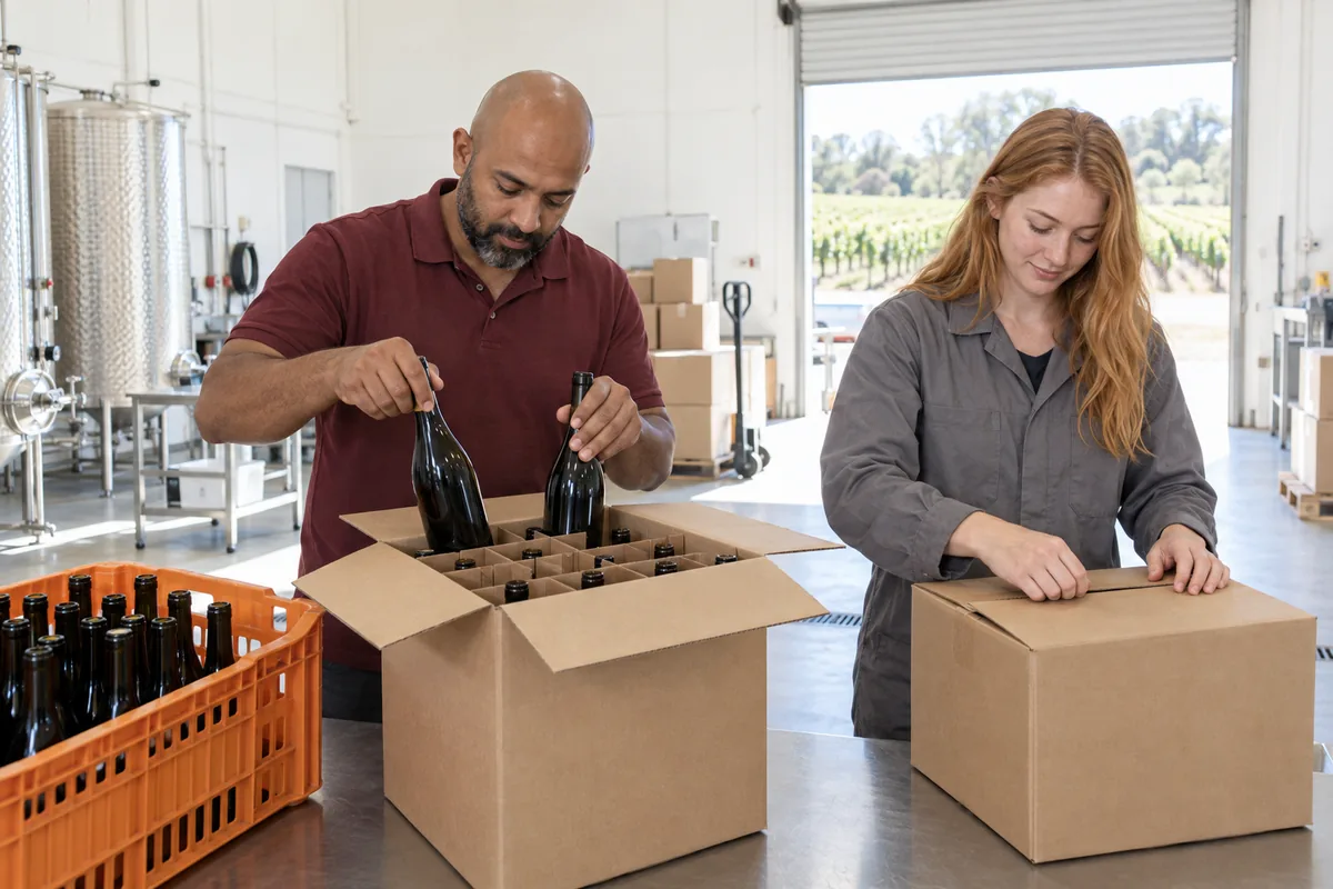 A man lowering plain dark glass bottles into a divided cardboard box while a woman closes a filled box in a bright packing room