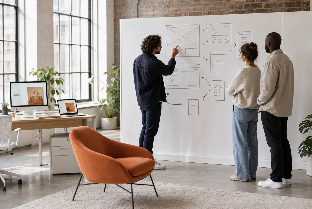 Three people reviewing hand-drawn website wireframes on a large whiteboard in a brick loft studio.