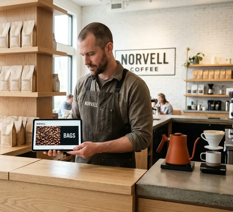 A coffee roaster in an apron holding a tablet showing his shop's product page, in a bright cafe with bagged coffee on the shelves.