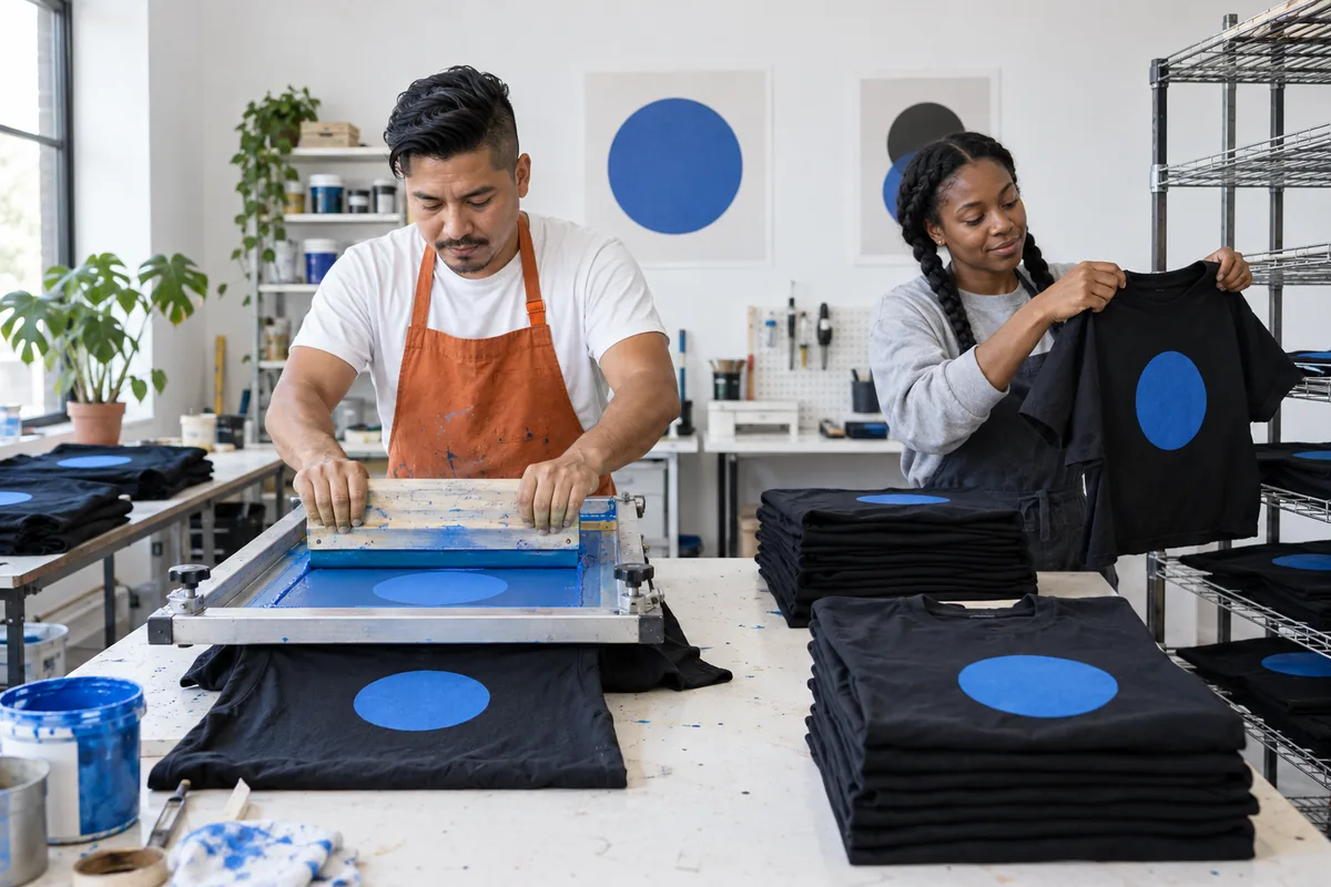 A man in an orange apron pulling a squeegee across a print screen onto a black t-shirt while a woman moves a printed shirt to a drying rack