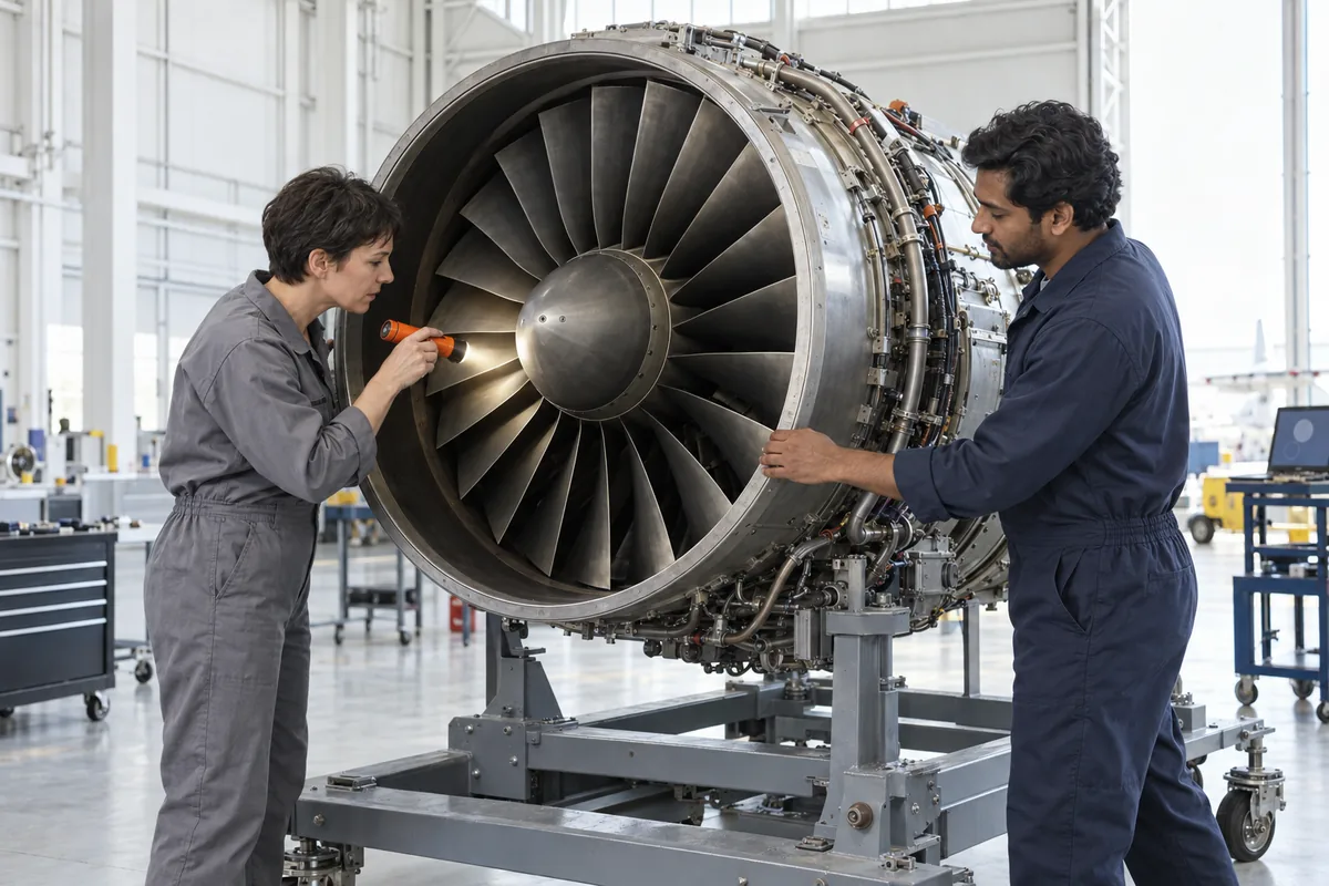 Two engineers in coveralls inspecting the fan blades of a large jet engine on a stand, one shining a flashlight, in a bright hangar