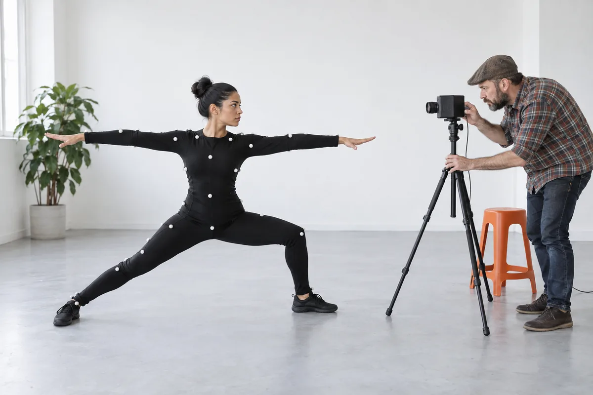 A woman in a black suit dotted with white markers holding a lunge pose while a man adjusts a camera on a tripod in a bright studio