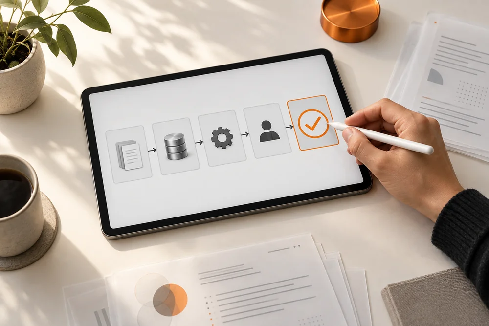 AI-generated illustration of a person reviewing and approving a connected workflow on a tablet