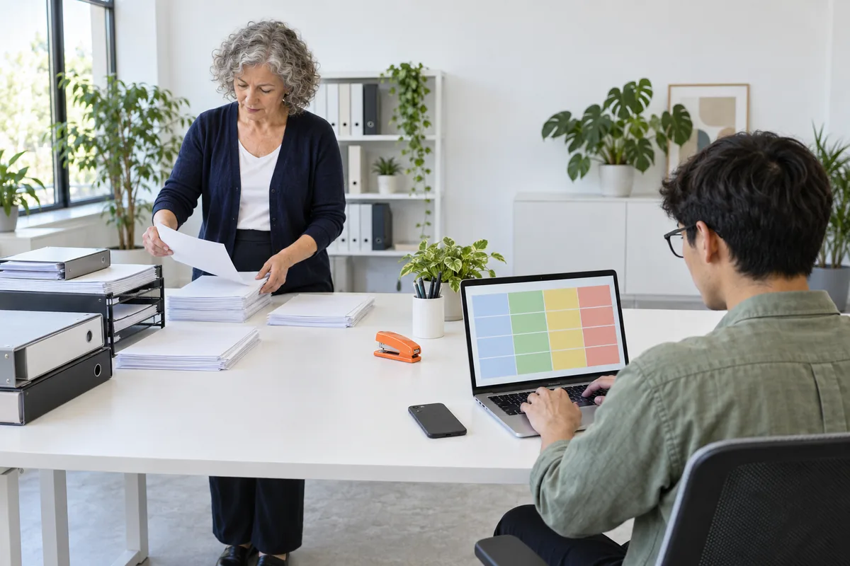 One long table, its left half piled with binders and loose sheets a woman sorts by hand, its right half clear with a man at a laptop