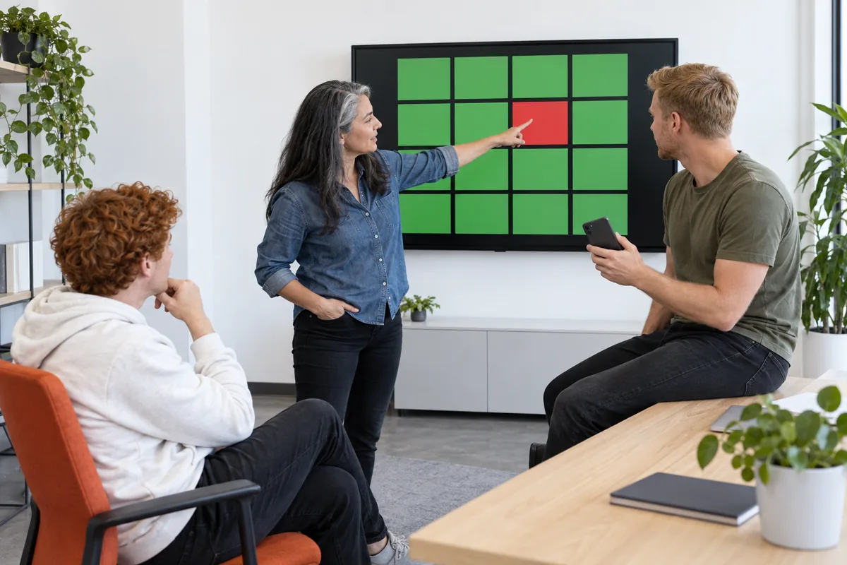 A woman pointing at a wall monitor that shows green squares and one red square while two men watch, one holding a phone