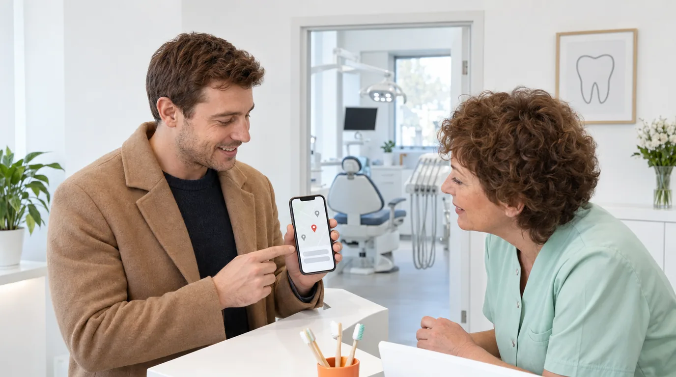 A man at a dental reception desk holding a phone that shows a pale map with pins while the receptionist leans in to look