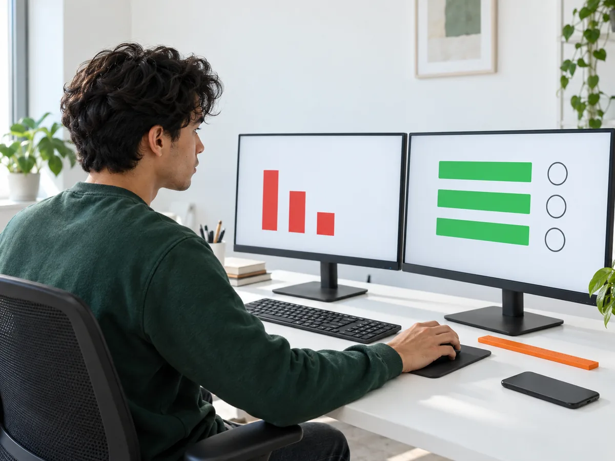 A man at a white desk with two monitors, one showing three short red bars and the other three long green bars and rings
