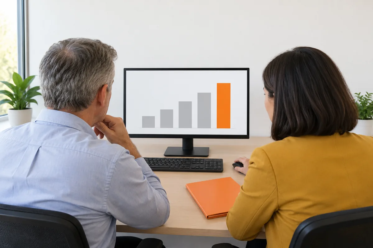 Two people seen from behind sit at a desk and look at a monitor showing grey bars and one orange bar, with an orange folder on the desk
