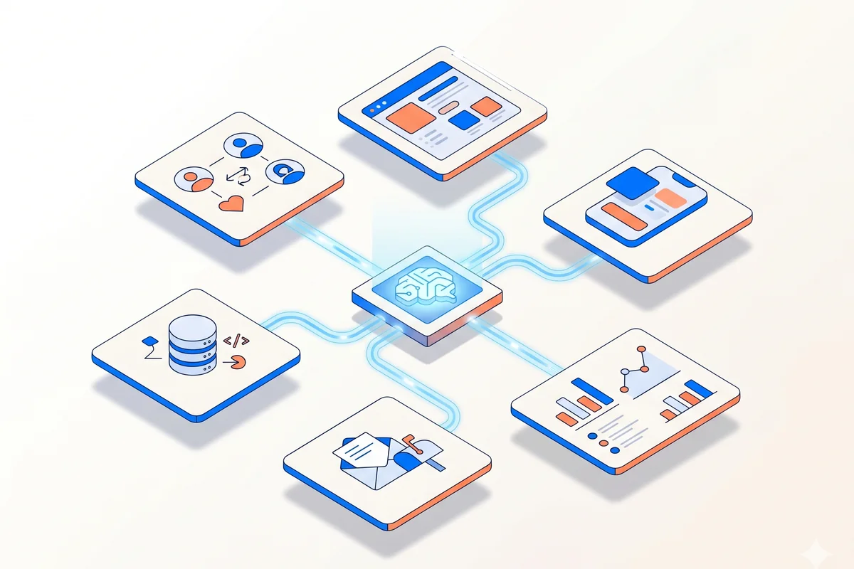 Connected systems showing an agent reading and writing across a business stack