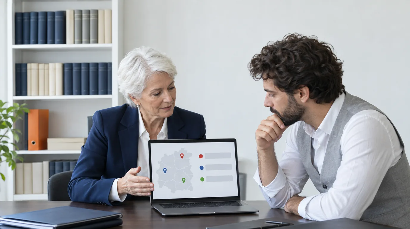 Two people at a desk in a law office looking at a laptop that shows a pale map with three pins, plain bound books behind them