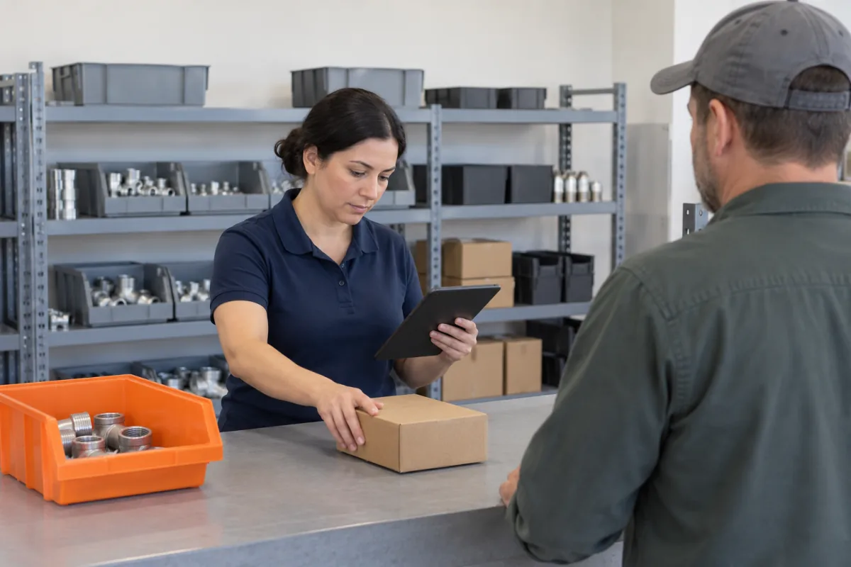 A woman in a navy polo shirt behind a trade counter slides a small cardboard box toward a customer while holding a tablet, with an orange bin of metal fittings on the counter
