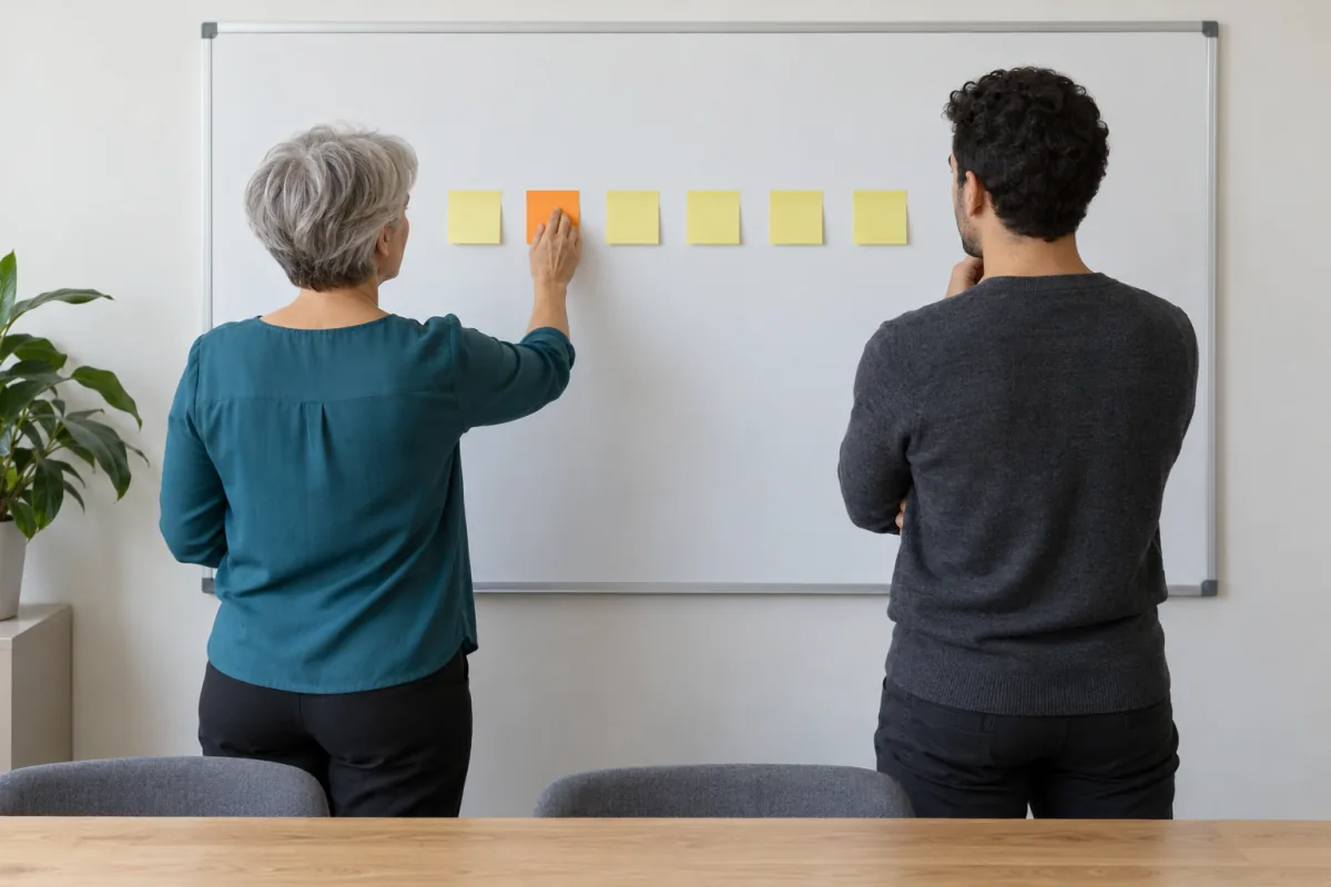 A woman in a teal blouse and a man in a charcoal sweater, seen from behind, stand at a white board with a row of blank sticky notes, and she presses the one orange note into place