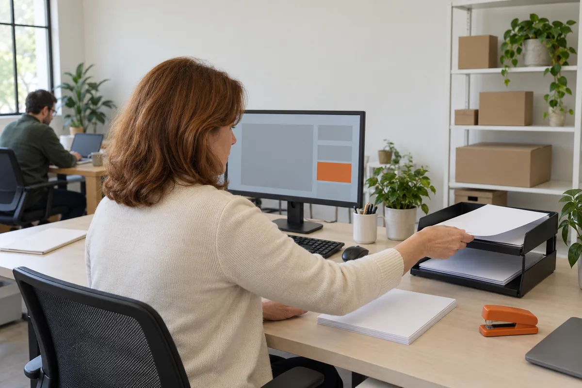 A woman in a cream cardigan, seen from behind, places a sheet of paper in a black tray at a desk with a monitor showing grey blocks and one orange block, and an orange stapler beside her